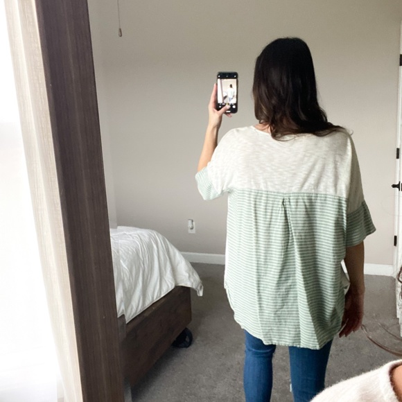 Oversized Shirt with Green & White Stripe Detail and Back - Picture 2 of 5